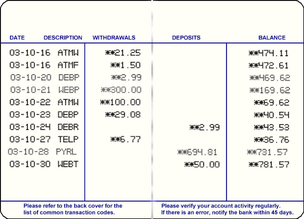 Bank account balance ledger