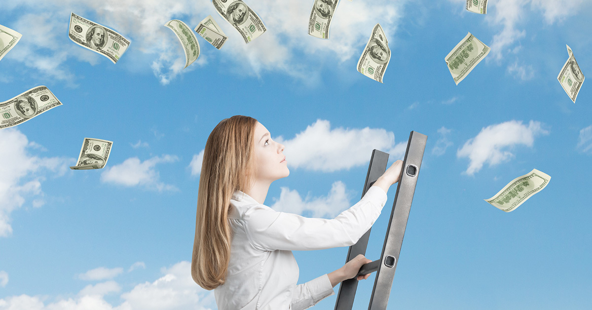 Female climbing ladder into cloudy sky with dollars floating around